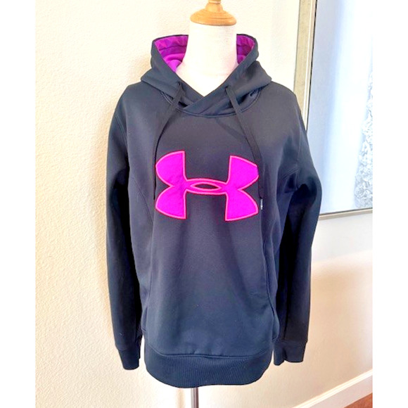 Under Armour Semi Fitted Cold Gear Black Hooded Sweatshirt Pink Logo Size LARGE - Picture 1 of 6